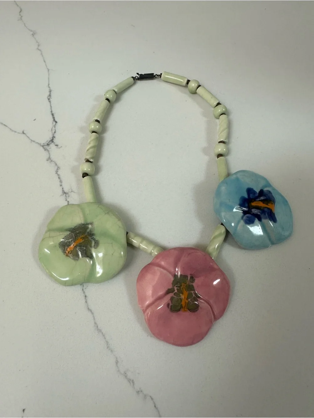 Vintage Ceramic Flower Statement Necklace in Pastel Pink, Blue & Green